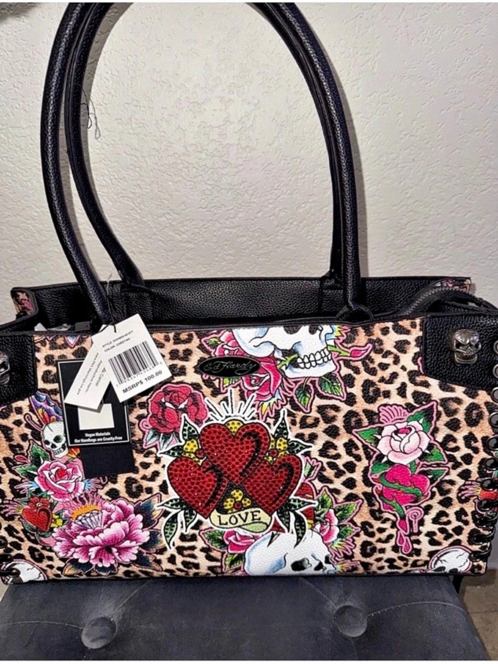 Ed Hardy Cheetah Love Tote Bag Leopard Floral Black & Pink
